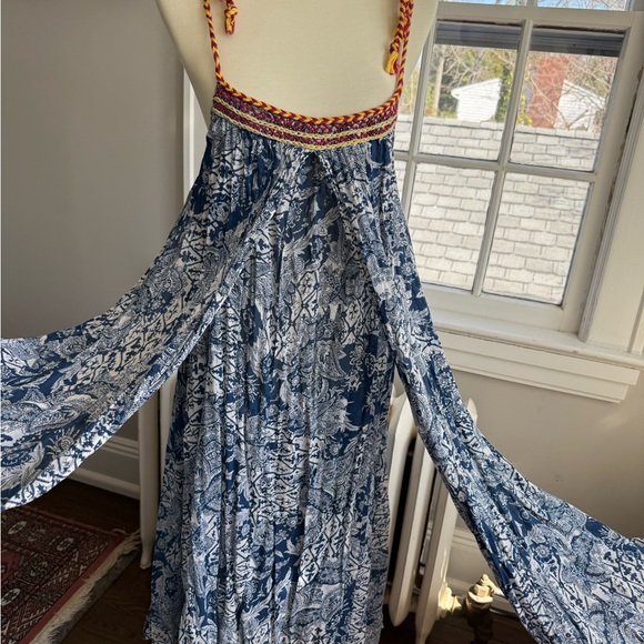 Free People Bohemian Blue Block Print Floral Tie-Shoulder Maxi Sun Dress S - Picture 2 of 12